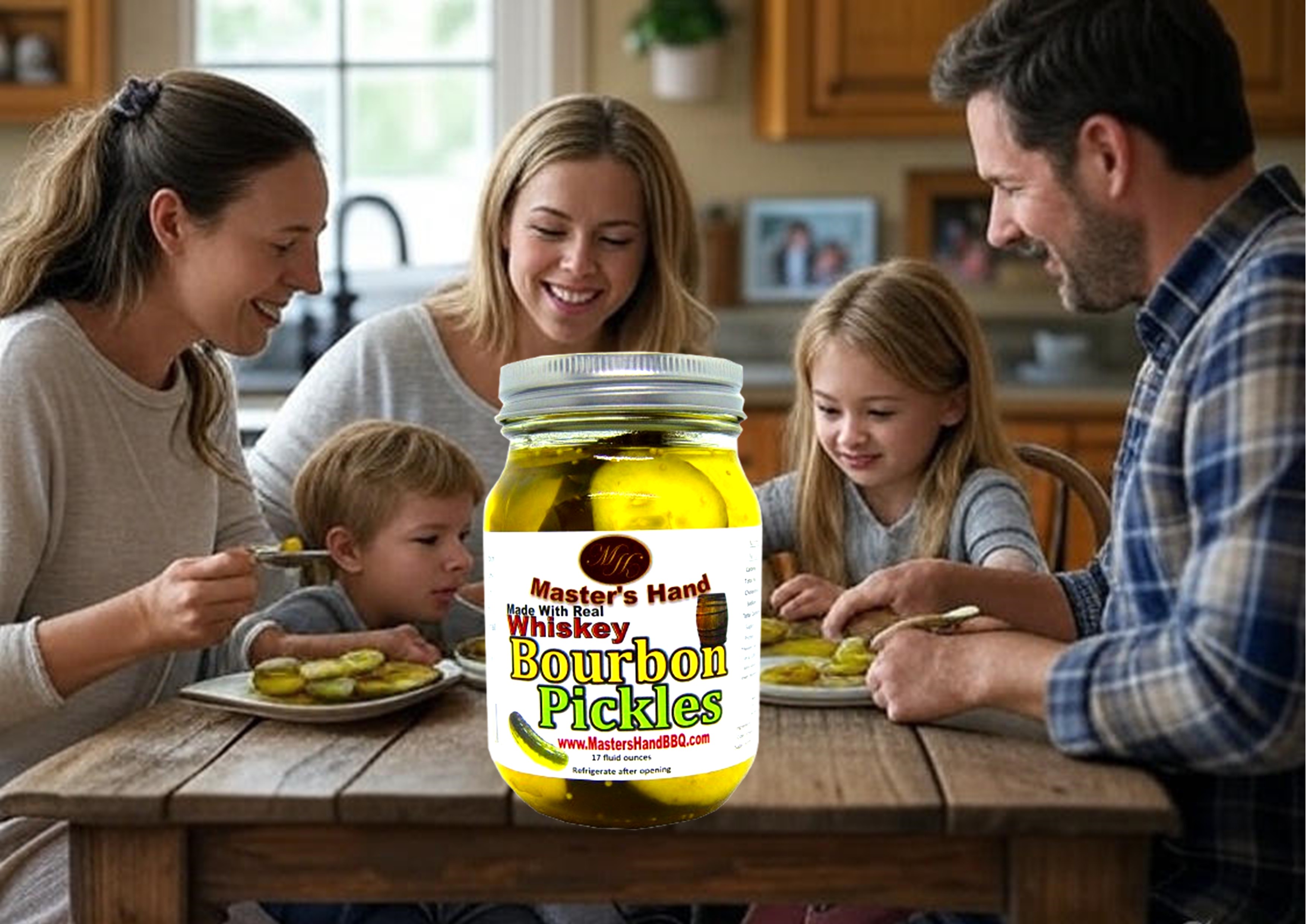 Master's Hand bourbon-infused pickles jar, unique gluten-free snack for BBQ sides